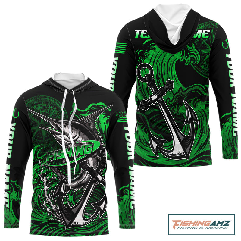 Front and back view of Marlin Saltwater Fishing Shirt custom ocean camo long sleeve hooded UPF Marlin fishing shirt with personalized name