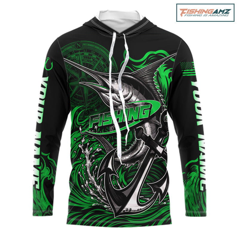 Front view of Marlin Saltwater Fishing Shirt custom ocean camo long sleeve hooded UPF Marlin fishing shirt 