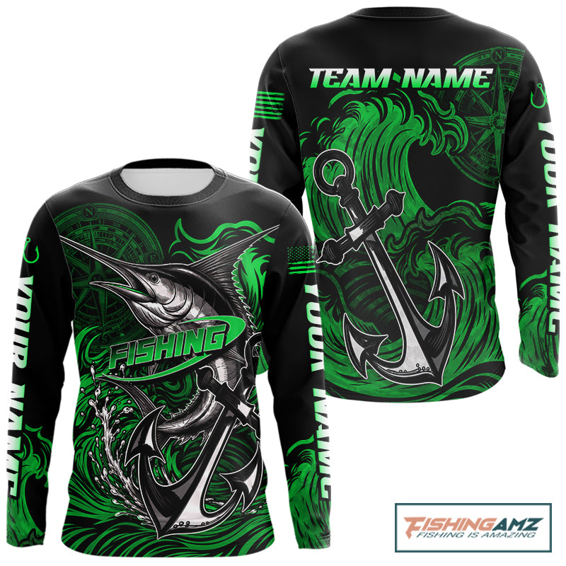Custom Marlin Fishing Ocean Camo Long Sleeve Shirts, Marlin Saltwater Fishing Jerseys | Green NBT844
