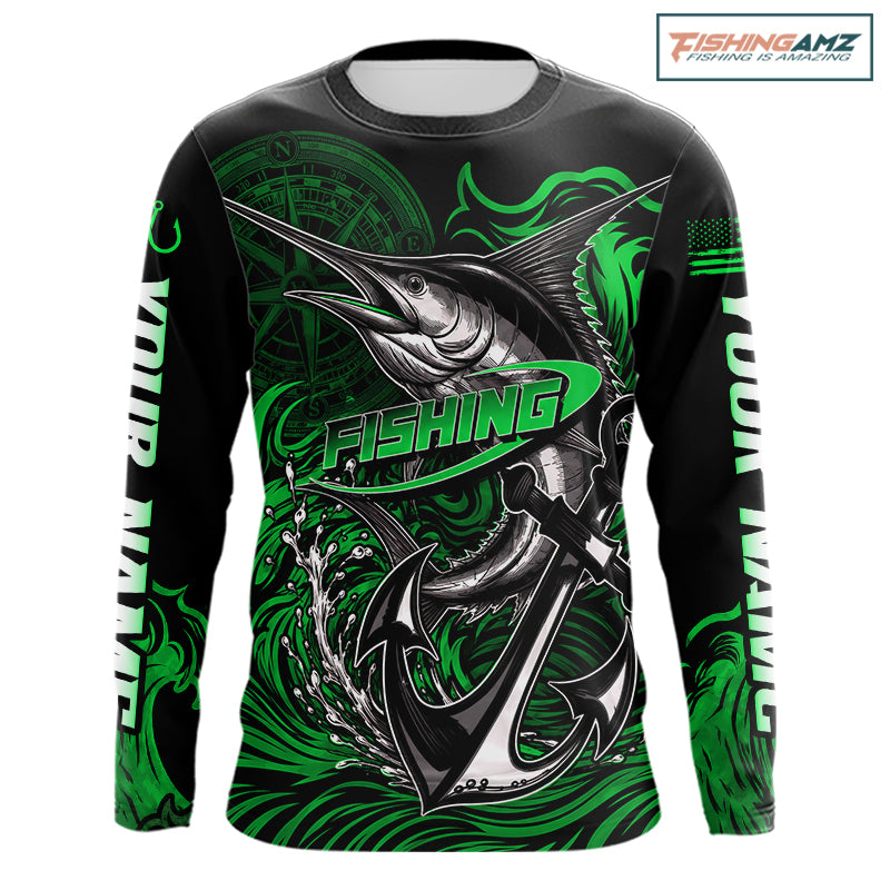 Custom Marlin Fishing Ocean Camo Long Sleeve Shirts, Marlin Saltwater Fishing Jerseys | Green NBT844