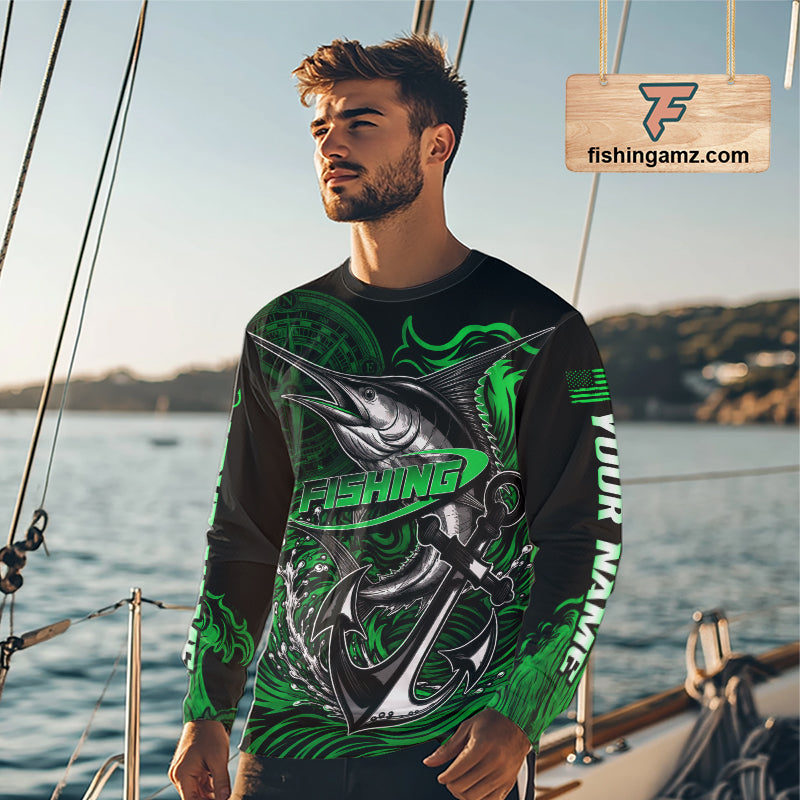 Custom Marlin Fishing Ocean Camo Long Sleeve Shirts, Marlin Saltwater Fishing Jerseys | Green NBT844