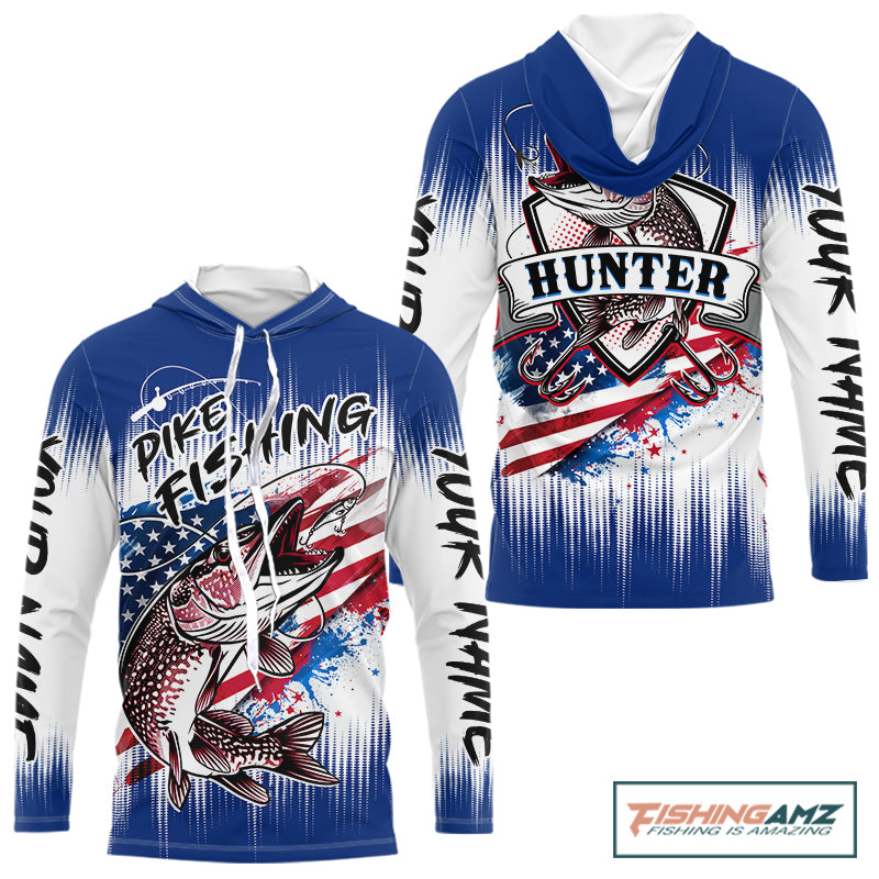 Personalized American Flag Northern Pike Long Sleeve Hooded Shirts, Patriotic Pike Fishing Jerseys|Blue NBT655