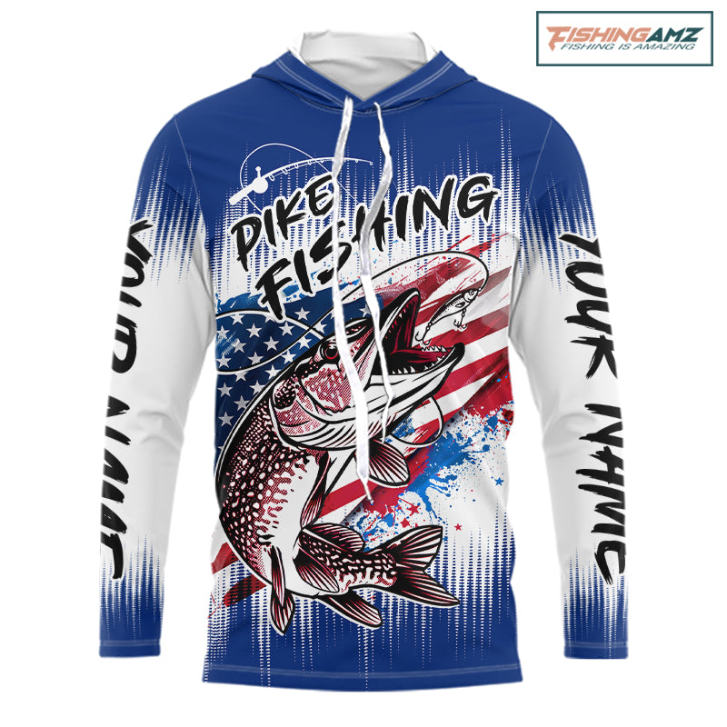 Personalized American Flag Northern Pike Long Sleeve Hooded Shirts, Patriotic Pike Fishing Jerseys|Blue NBT655