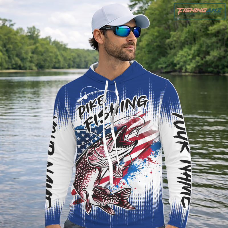 Personalized American Flag Northern Pike Long Sleeve Hooded Shirts, Patriotic Pike Fishing Jerseys|Blue NBT655