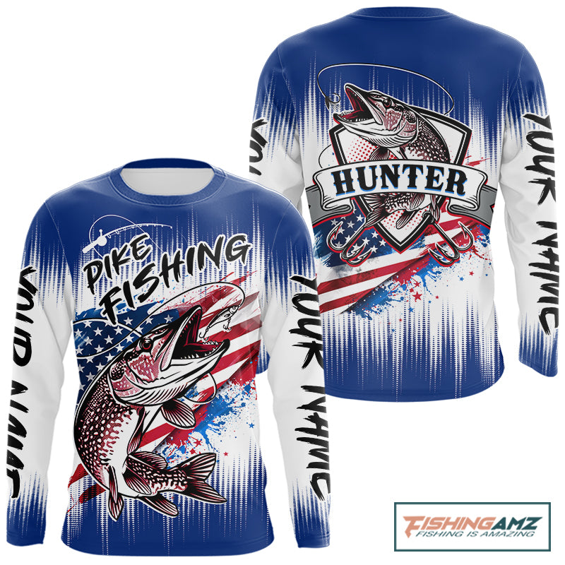 Personalized American Flag Northern Pike Fishing Shirts Long Sleeve, Patriotic Pike Fishing Jerseys|Blue NBT655