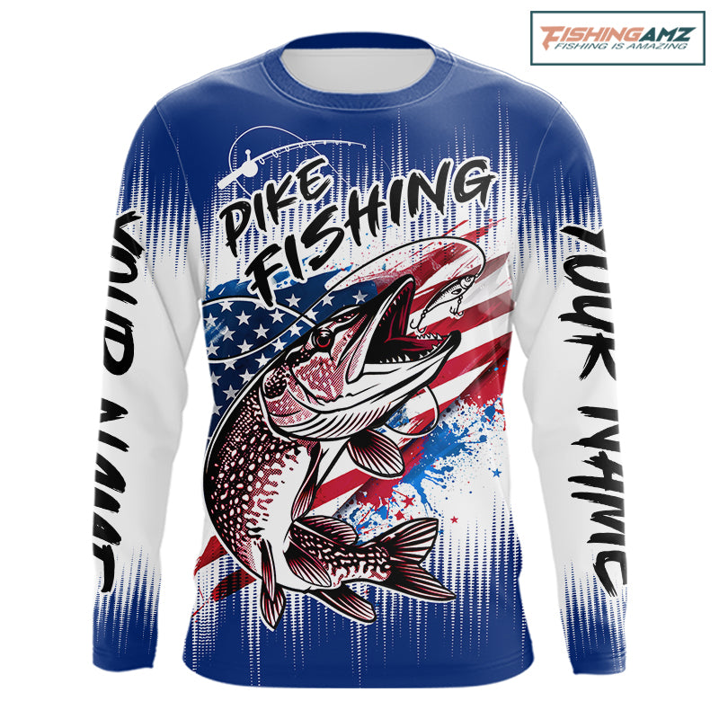 Personalized American Flag Northern Pike Fishing Shirts Long Sleeve, Patriotic Pike Fishing Jerseys|Blue NBT655