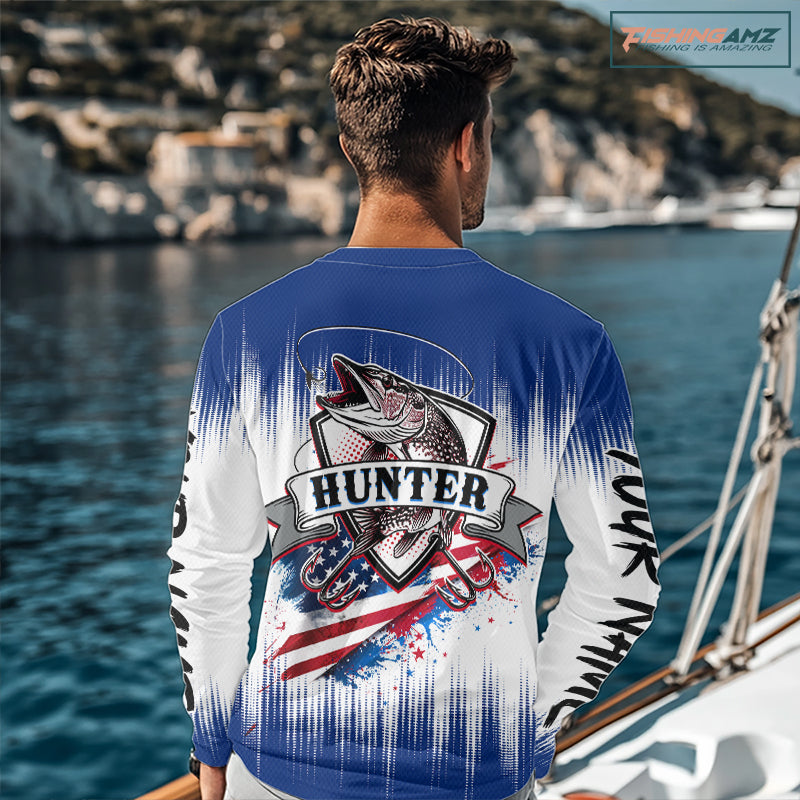 Personalized American Flag Northern Pike Fishing Shirts Long Sleeve, Patriotic Pike Fishing Jerseys|Blue NBT655