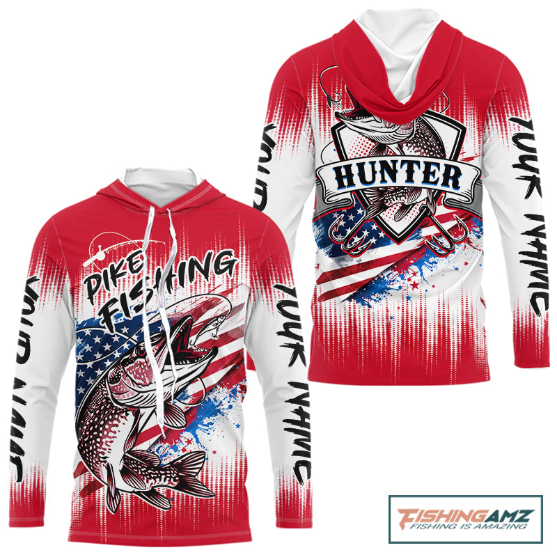 Personalized American Flag Northern Pike Long Sleeve Hooded Shirts, Patriotic Pike Fishing Jerseys|Red NBT656