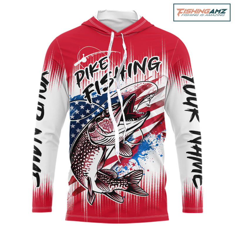 Personalized American Flag Northern Pike Long Sleeve Hooded Shirts, Patriotic Pike Fishing Jerseys|Red NBT656