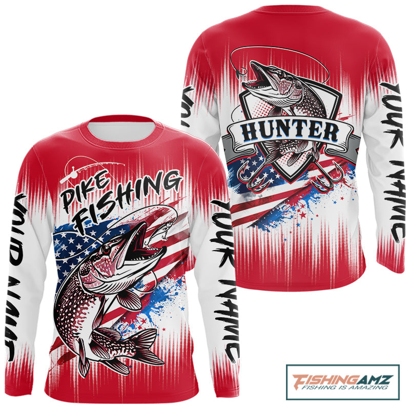 Personalized American Flag Northern Pike Fishing Shirts Long Sleeve, Patriotic Pike Fishing Jerseys|Red NBT656