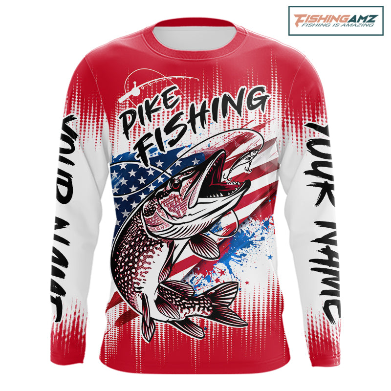 Personalized American Flag Northern Pike Fishing Shirts Long Sleeve, Patriotic Pike Fishing Jerseys|Red NBT656