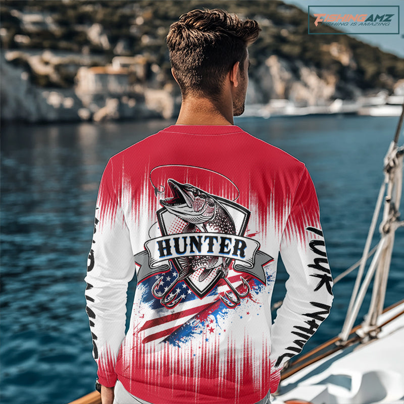 Personalized American Flag Northern Pike Fishing Shirts Long Sleeve, Patriotic Pike Fishing Jerseys|Red NBT656