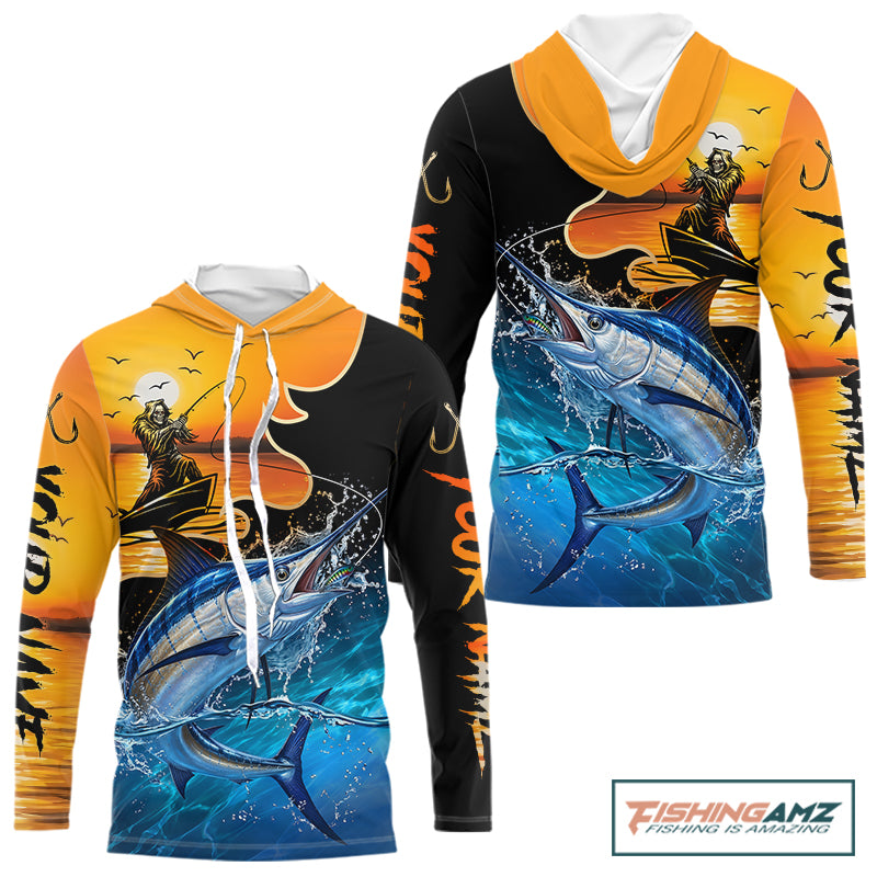 Personalized Fish Reaper Sunset Design Blue Marlin Long Sleeve Hooded Fishing Shirts NBT757