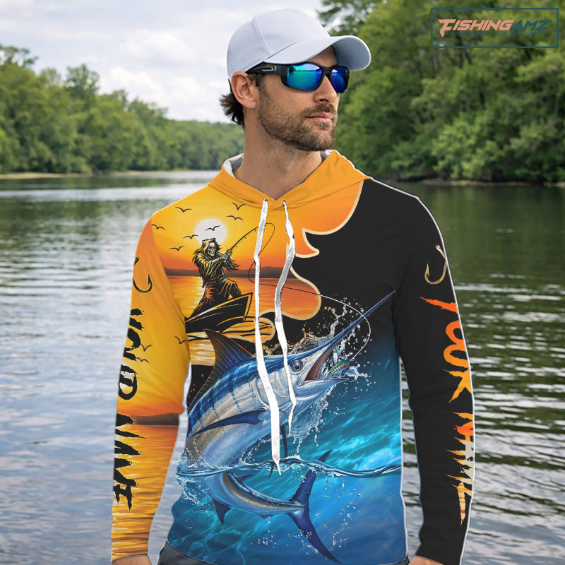 Personalized Fish Reaper Sunset Design Blue Marlin Long Sleeve Hooded Fishing Shirts NBT757