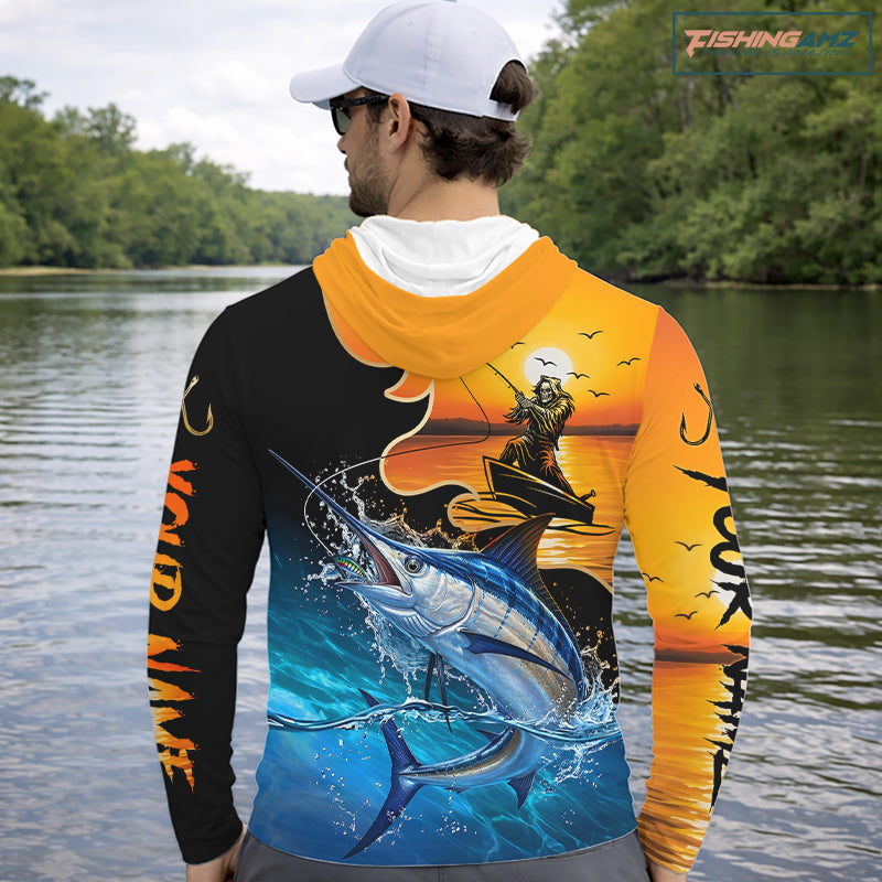 Personalized Fish Reaper Sunset Design Blue Marlin Long Sleeve Hooded Fishing Shirts NBT757