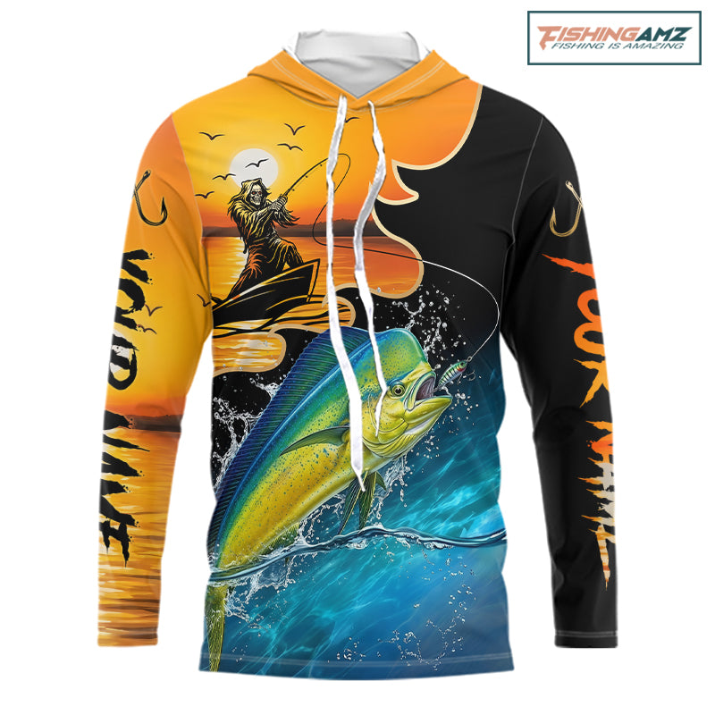 Personalized Fish Reaper Sunset Design Sailfish Long Sleeve Hooded Fishing Shirts NBT758