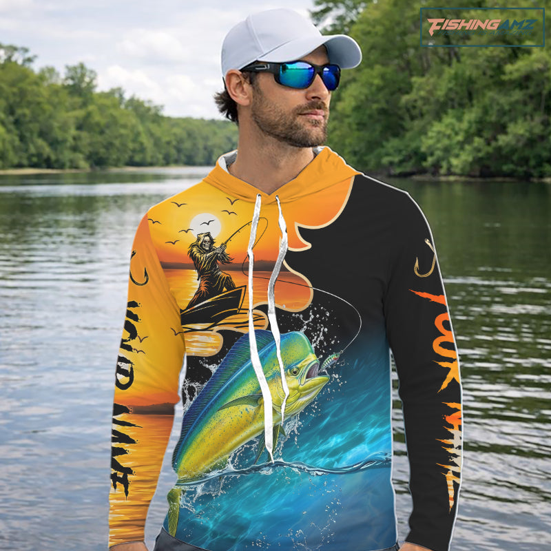 Personalized Fish Reaper Sunset Design Sailfish Long Sleeve Hooded Fishing Shirts NBT758