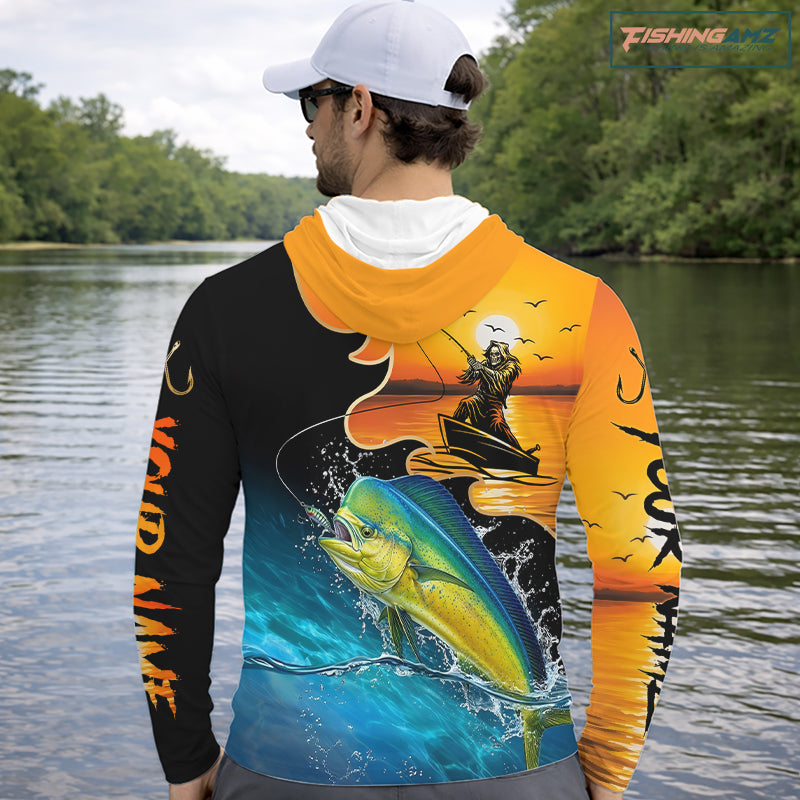 Personalized Fish Reaper Sunset Design Sailfish Long Sleeve Hooded Fishing Shirts NBT758