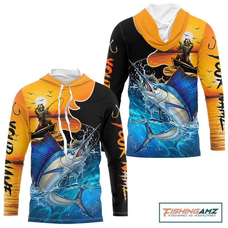 Personalized Fish Reaper Sunset Design Mahi Mahi Long Sleeve Hooded Fishing Shirts NBT759