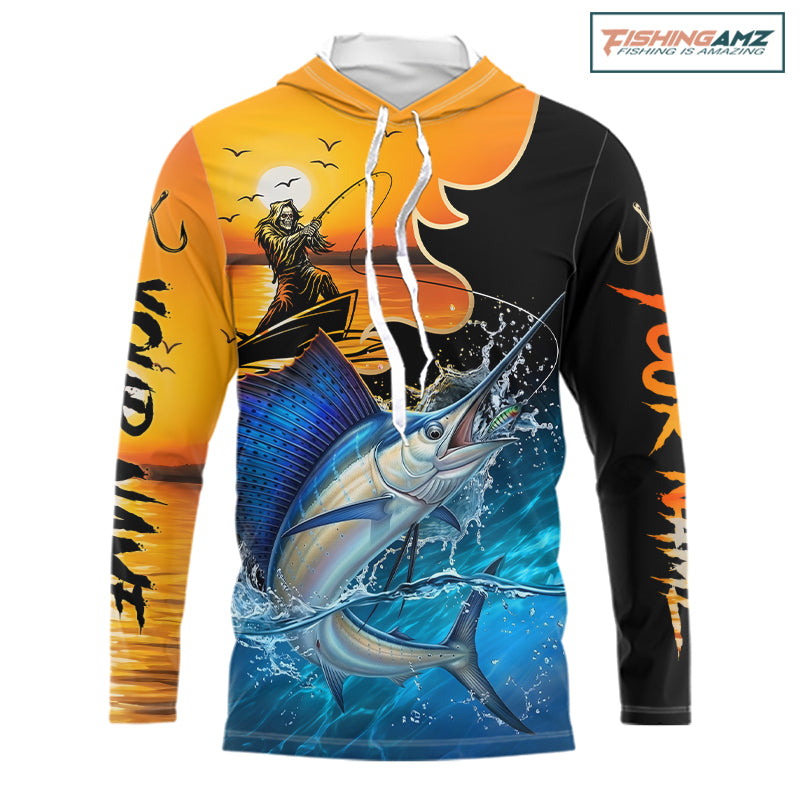 Personalized Fish Reaper Sunset Design Mahi Mahi Long Sleeve Hooded Fishing Shirts NBT759