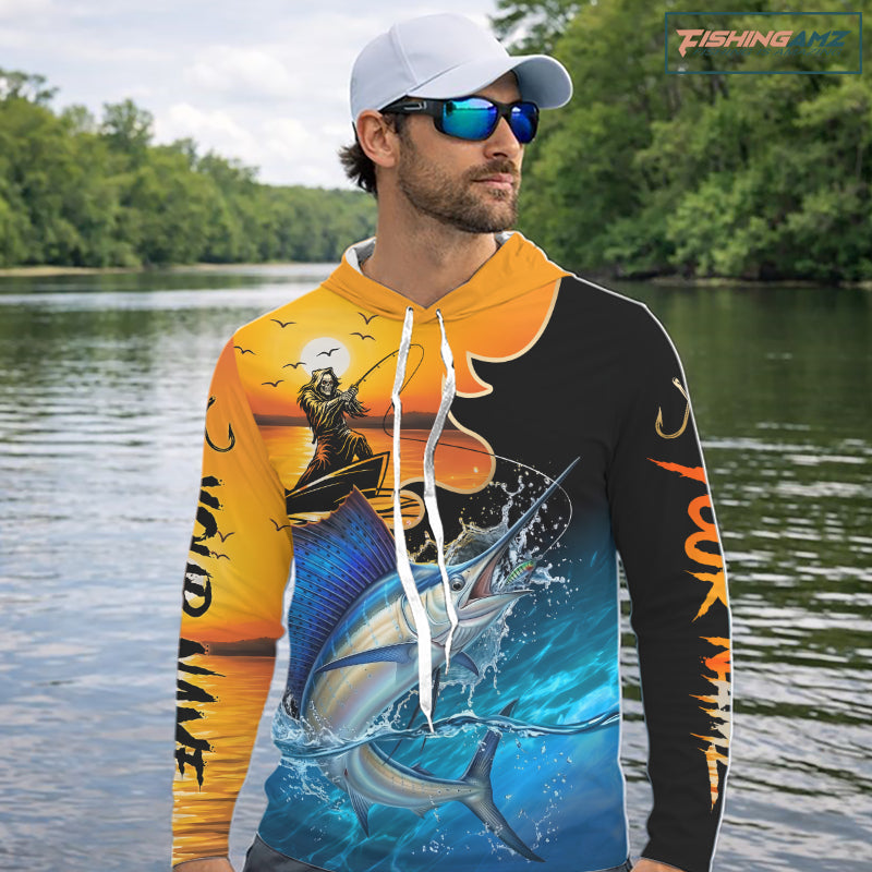 Personalized Fish Reaper Sunset Design Mahi Mahi Long Sleeve Hooded Fishing Shirts NBT759