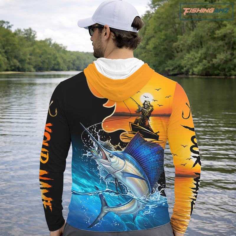 Personalized Fish Reaper Sunset Design Mahi Mahi Long Sleeve Hooded Fishing Shirts NBT759