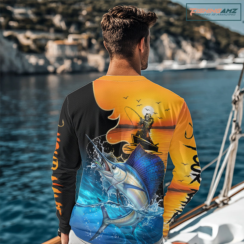 Personalized Fish Reaper Sunset Design Mahi Mahi Fishing Shirts Long Sleeve NBT759