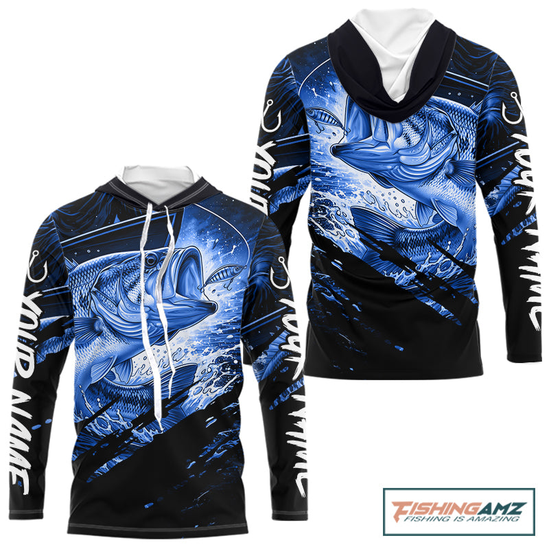 Personalized Largemouth Bass Long Sleeve Hooded Fishing Shirts, Bass Tournament Fishing Jerseys | Blue NBT760
