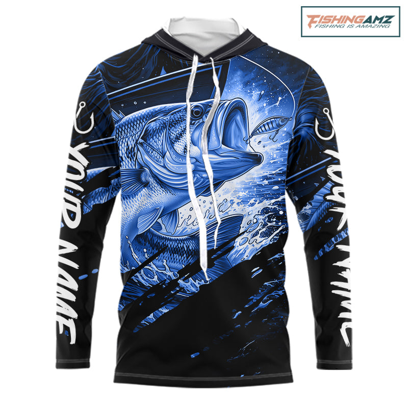 Personalized Largemouth Bass Long Sleeve Hooded Fishing Shirts, Bass Tournament Fishing Jerseys | Blue NBT760