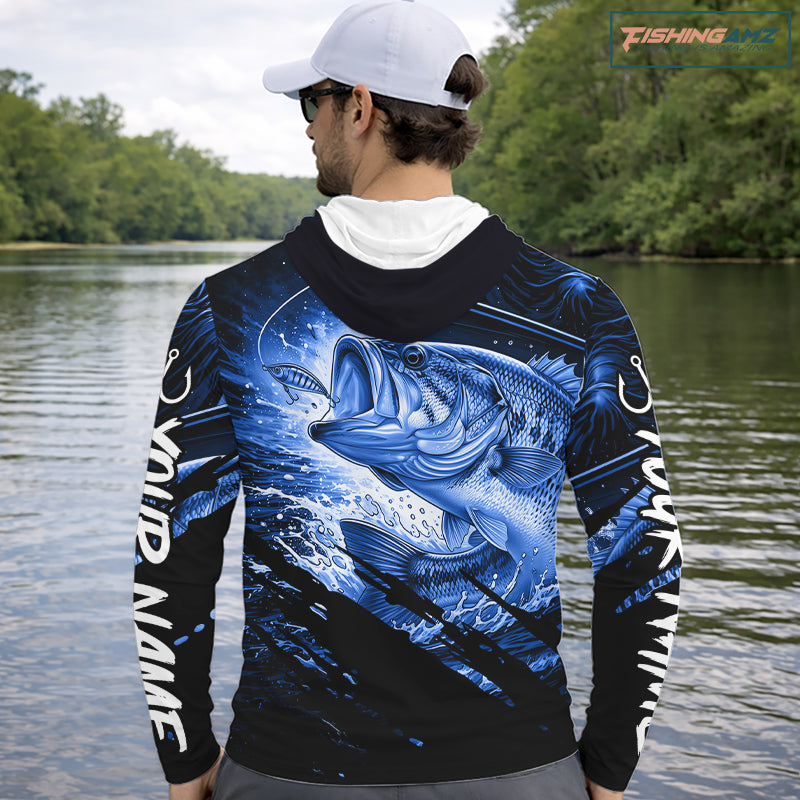 Personalized Largemouth Bass Long Sleeve Hooded Fishing Shirts, Bass Tournament Fishing Jerseys | Blue NBT760