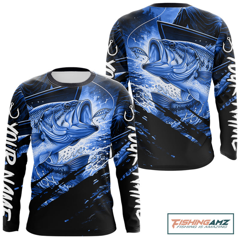 Personalized Largemouth Bass Fishing Shirts Long Sleeve, Bass Tournament Fishing Jerseys | Blue NBT760