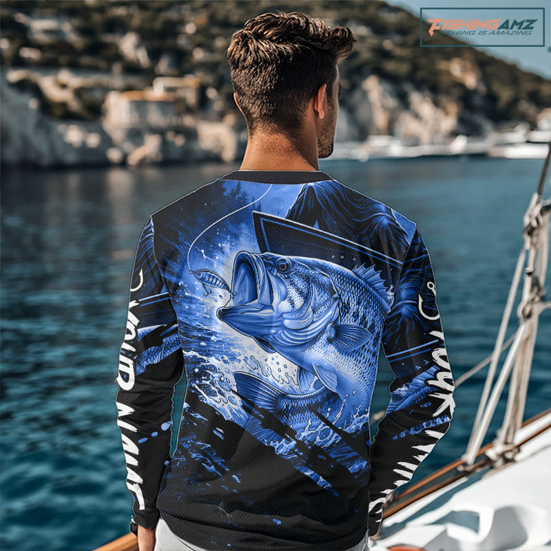 Personalized Largemouth Bass Fishing Shirts Long Sleeve, Bass Tournament Fishing Jerseys | Blue NBT760