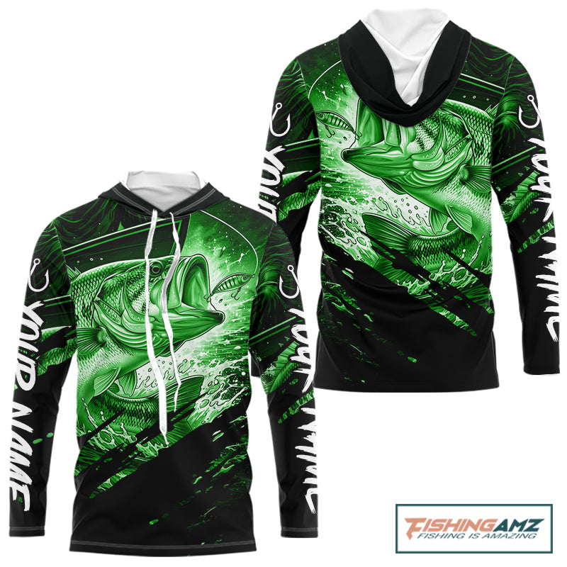 Personalized Largemouth Bass Long Sleeve Hooded Fishing Shirts, Bass Tournament Fishing Jerseys | Green NBT761