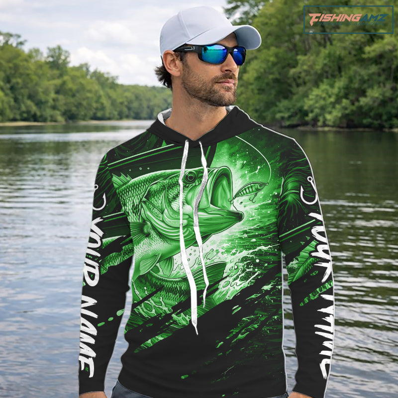 Personalized Largemouth Bass Long Sleeve Hooded Fishing Shirts, Bass Tournament Fishing Jerseys | Green NBT761