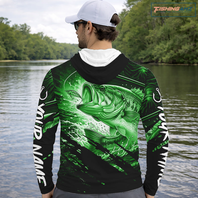 Personalized Largemouth Bass Long Sleeve Hooded Fishing Shirts, Bass Tournament Fishing Jerseys | Green NBT761