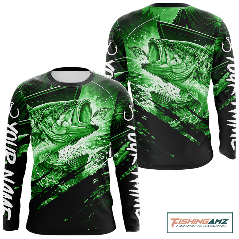 Personalized Largemouth Bass Fishing Shirts Long Sleeve, Bass Tournament Fishing Jerseys | Green NBT761