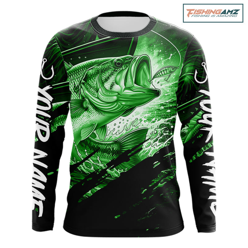 Personalized Largemouth Bass Fishing Shirts Long Sleeve, Bass Tournament Fishing Jerseys | Green NBT761