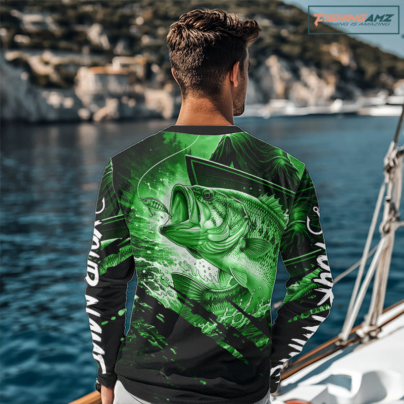 Personalized Largemouth Bass Fishing Shirts Long Sleeve, Bass Tournament Fishing Jerseys | Green NBT761