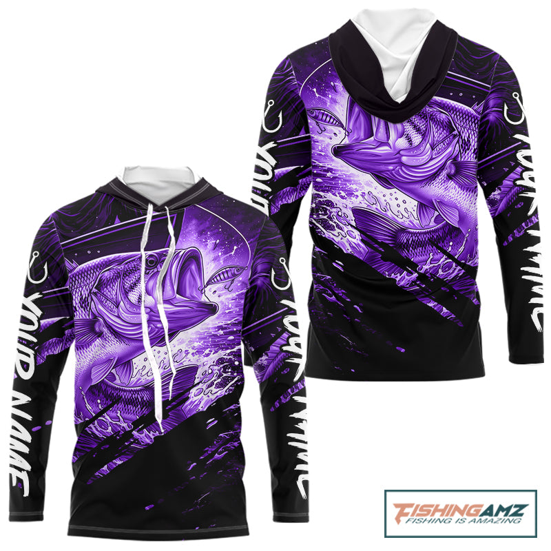 Personalized Largemouth Bass Long Sleeve Hooded Fishing Shirts, Bass Tournament Fishing Jerseys | Purple NBT762
