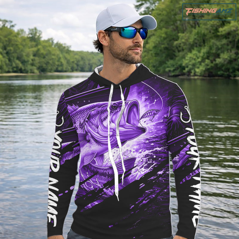 Personalized Largemouth Bass Long Sleeve Hooded Fishing Shirts, Bass Tournament Fishing Jerseys | Purple NBT762