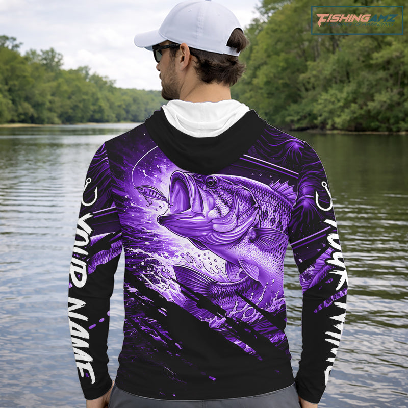 Personalized Largemouth Bass Long Sleeve Hooded Fishing Shirts, Bass Tournament Fishing Jerseys | Purple NBT762