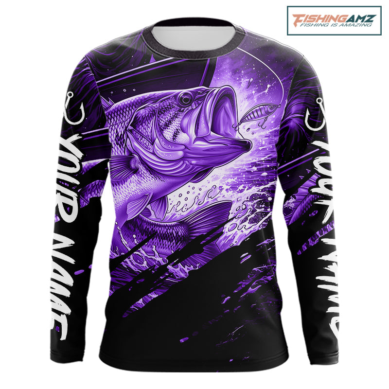 Personalized Largemouth Bass Fishing Shirts Long Sleeve, Bass Tournament Fishing Jerseys | Purple NBT762