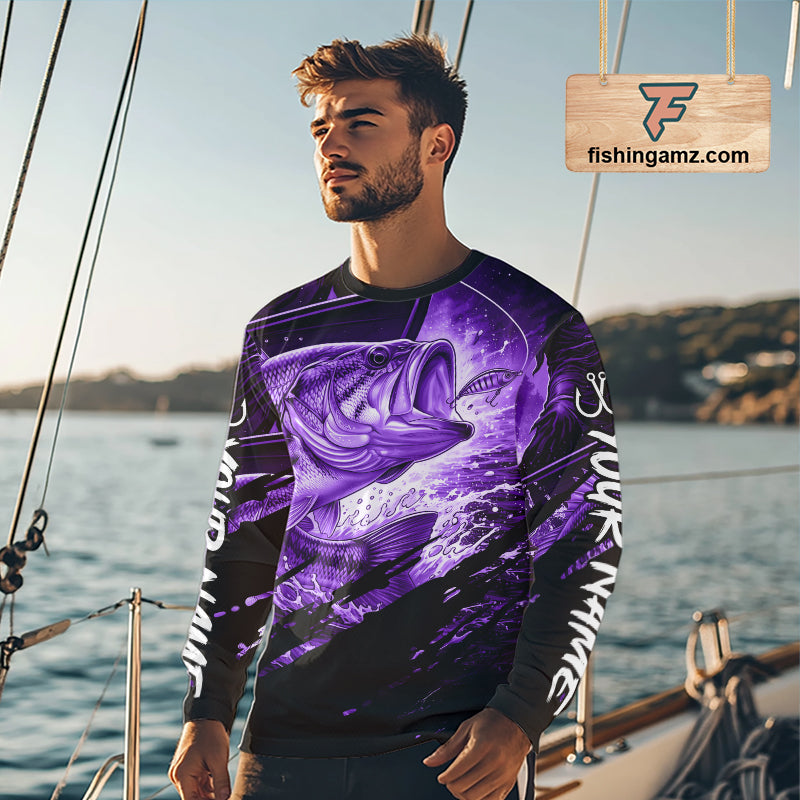 Personalized Largemouth Bass Fishing Shirts Long Sleeve, Bass Tournament Fishing Jerseys | Purple NBT762
