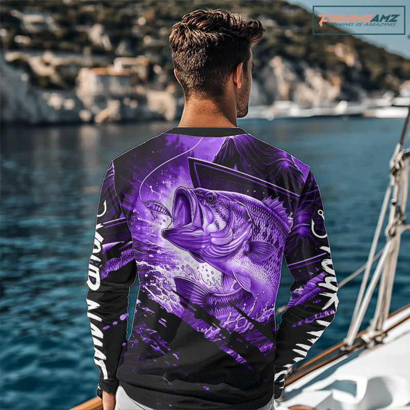Personalized Largemouth Bass Fishing Shirts Long Sleeve, Bass Tournament Fishing Jerseys | Purple NBT762