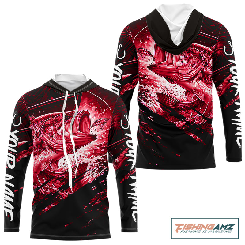 Personalized Largemouth Bass Long Sleeve Hooded Fishing Shirts, Bass Tournament Fishing Jerseys | Red NBT763
