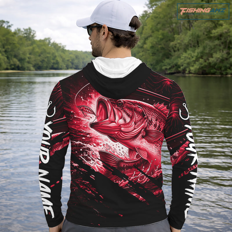 Personalized Largemouth Bass Long Sleeve Hooded Fishing Shirts, Bass Tournament Fishing Jerseys | Red NBT763