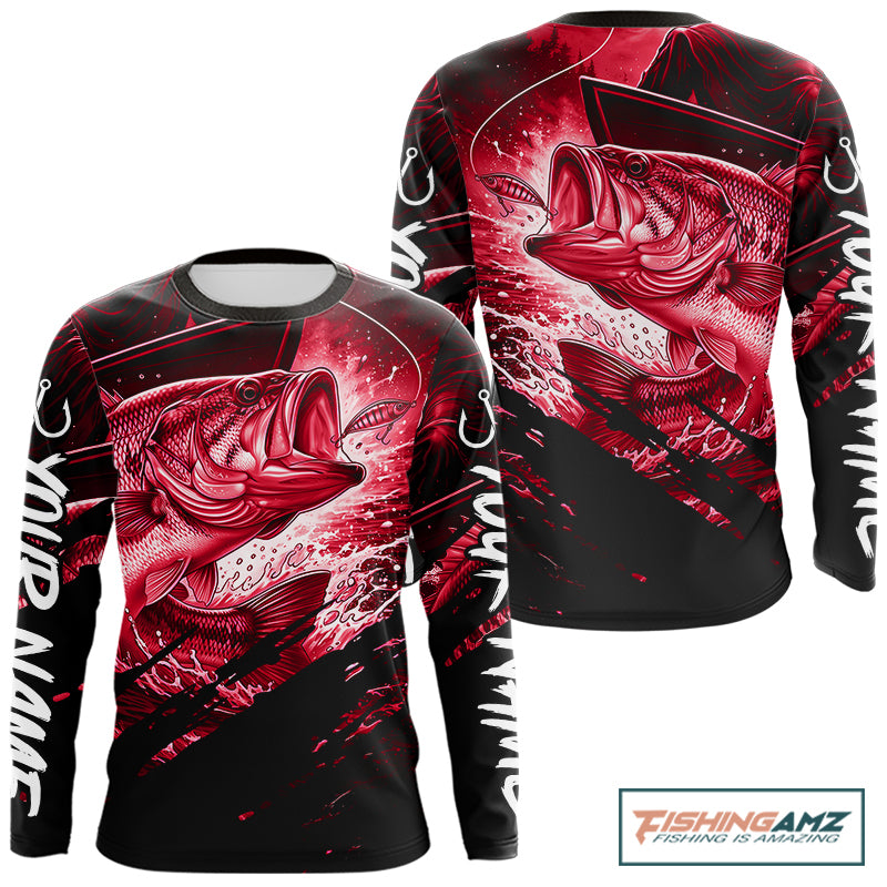 Personalized Largemouth Bass Fishing Shirts Long Sleeve, Bass Tournament Fishing Jerseys | Red NBT763