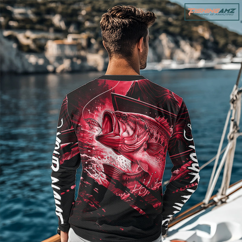 Personalized Largemouth Bass Fishing Shirts Long Sleeve, Bass Tournament Fishing Jerseys | Red NBT763
