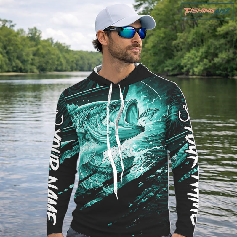 Personalized Largemouth Bass Long Sleeve Hooded Fishing Shirts, Bass Tournament Fishing Jerseys | Turquoise NBT764
