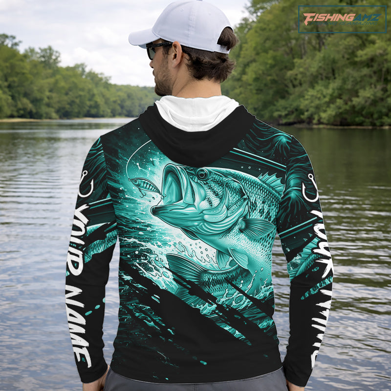 Personalized Largemouth Bass Long Sleeve Hooded Fishing Shirts, Bass Tournament Fishing Jerseys | Turquoise NBT764